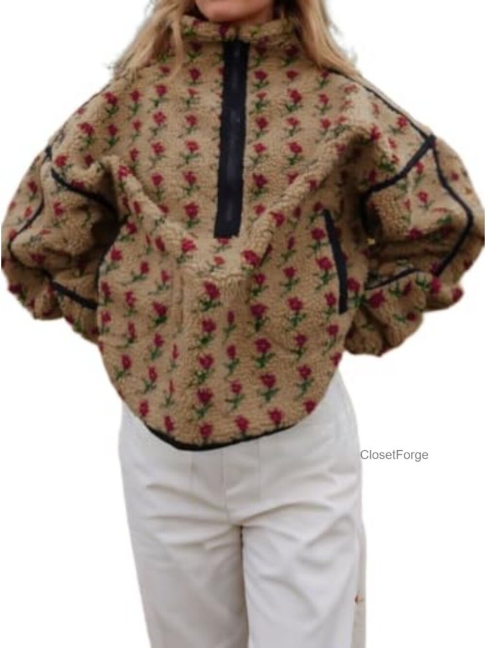 Women's Floral Fleece Sherpa Sweatshirt Half Zip Turtleneck Coat